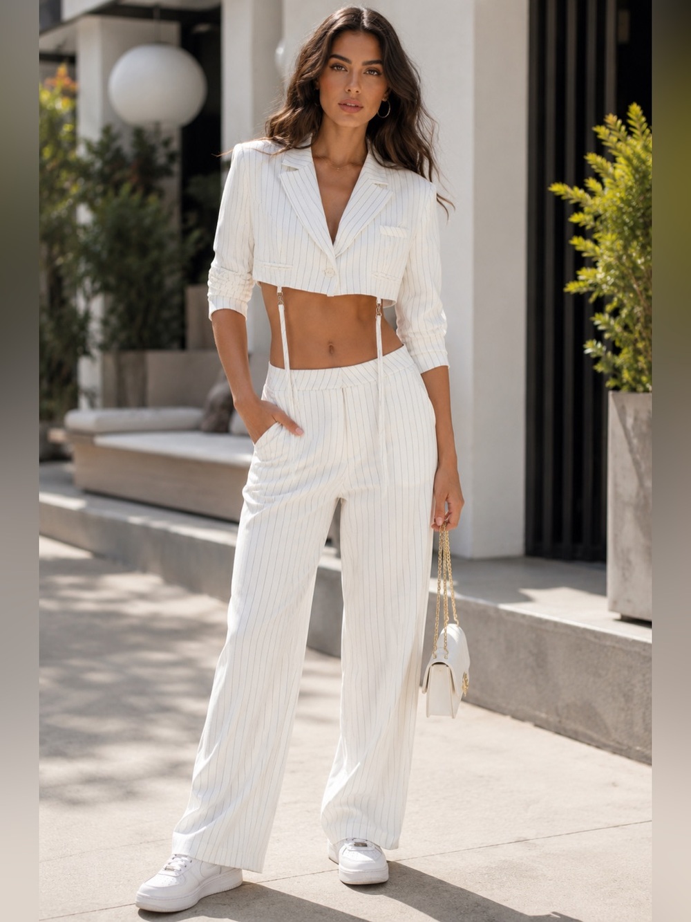 AKIRA White Pinstripe Crop Top Blazer With Detachable Adornment Stips